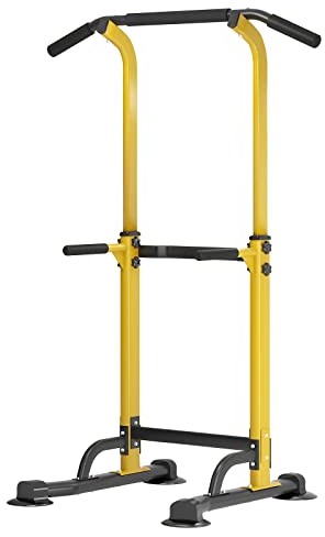 sogesfurniture Power Tower Fitness Dip Station, multifunktionale Kraftstation Kraftturm Trainingsgerät mit Klimmzugstange, höhenverstellbar von 165-210cm, Schwarz&Gelb