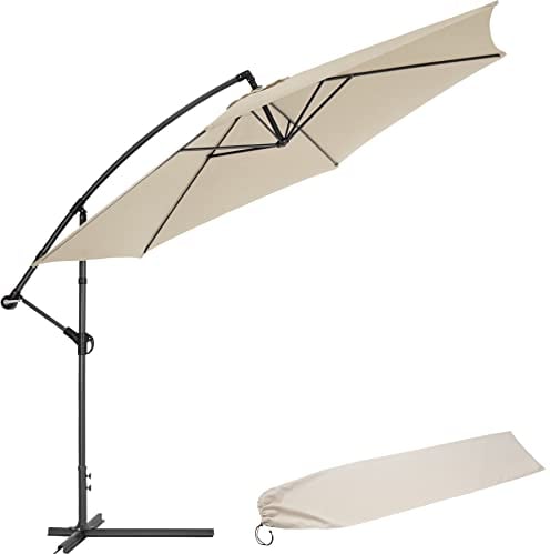 tectake® Sonnenschirm mit Ständer, Ø 350 cm, Sonnenschutz für Balkon, Garten und Terrasse inkl. Schutzhülle, Ampelschirm groß mit Kurbel-Seilsystem, Schirm mit stabilem Gestell - beige