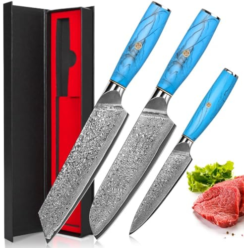 Home Safety 3PCS Ensembles de Couteaux Cuisine, Set Couteau Cuisine Damas, 67 Couche Acier Couteaux Japonais, Couteau Cuisine 18.8cm + Couteau Santoku 17.8cm + Couteau Multifonctionnel 13cm,