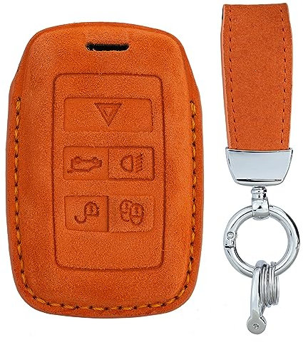 KUNIO Schlüsselhülle Passt für Land Rover Defender Discovery 5 Range Rover Sport Evoque Velar Passt für Jaguar E-Pace Leder Schlüsseltasche Schlüssel Schutz Schlüsselanhänger B Orange