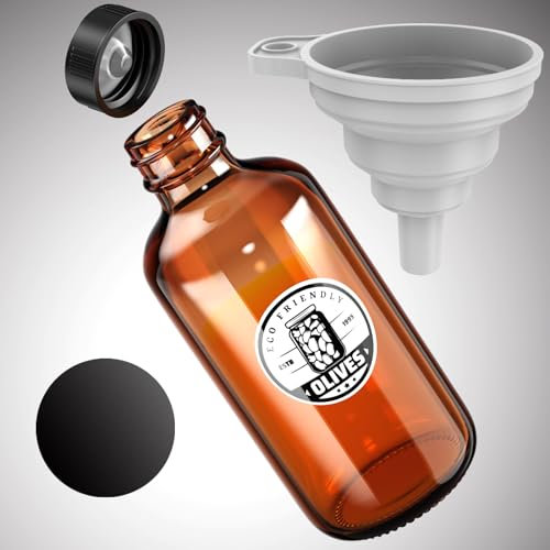 ZHANXUBIO Boston Bouteilles rondes en verre ambré de 250 ml avec bouchons coniques noirs, étiquettes, entonnoirs (250 ml, ambre) 4 bouteilles