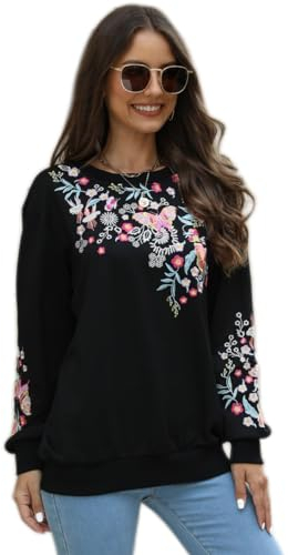 AK Damen bestickte Mode Hoodies mexikanische stilvolle Herbst Winter Mode übergroße Sweatshirts, Schwarz, 3XL