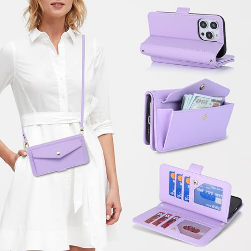 ZOUZT for iPhone 12 Pro Max Wallet Case for Women, Purse with Credit Card Holder Slots Crossbody Lanyard Strap Flip Folio Book Shockproof Protective Cover for Apple iPhone 12 Pro Max 6.7 Inch (Purple)