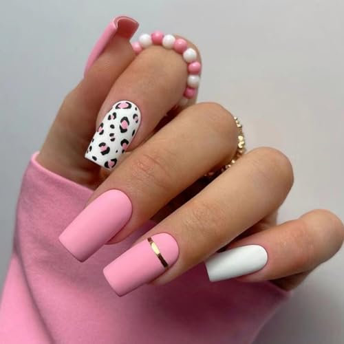 24pcs Medium Square False Nails Pink Matte Stick-on Leopard Print White Press-on Removable Glue-on Acrylic Full Cover Fake Nail Set Women Nail Art Accessories