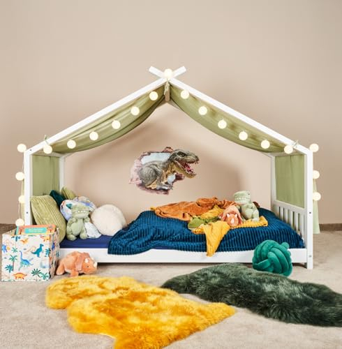 ALAVYA HOME® Betthimmel Moon 1 Stück 360 cm mit 2X 10er LED-Baumwoll-Lichterkette für 80x160 & 90x200 Hausbett Montessori - Khaki