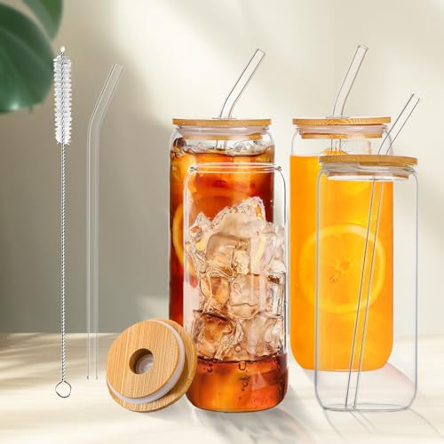 Hotbird Trinkglas Mit Strohhalm und Deckel: Set 4er 600ml Bambusdeckel und Glasstrohhalm Eiskaffee Gläser für Cocktail | Wiederverwendbar Bubble Tea Dosenförmige Glasbecher für Smoothie Beer