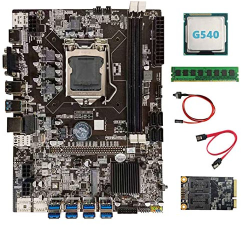 Bcowtte Placa Base Mining B75 BTC + CPU G540 + DDR3 4GB 1600Mhz RAM + 128G MSATA SSD + Cable SATA + Cable de Interruptor LGA1155 8XPCIE una USB