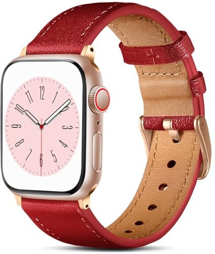 Lenrao Compatible with apple watch se band 38mm 41mm 40mm for women,Red Grain Genuine Leather Wristband Strap for iWatch Bands Series 10/9/8/7/6/5/4/3/2/1 SE Ultra