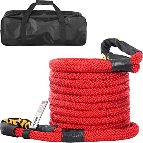 VEVOR 1 x 31.5' Recovery Tow Rope, 33,500 lbs, Heavy Duty Nylon Double Braided Kinetic Energy Rope with Loops and Protective Sleeves, for Truck Off-Road Vehicle ATV UTV, Carry Bag Included, Red