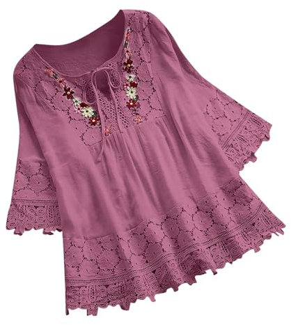Tee-Shirt Col V Femme Chemise Femme Lin Femme Chemisier Dentelle Femme Chic Blouse Femme Dentelle Sexy T-Shirt Femme Sexy Chic Chemisiers pour Femmes Blouse Femme Chic et Rose 2XL