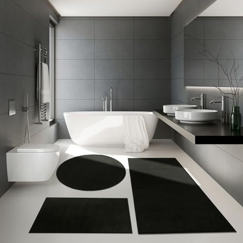 TT Home Badezimmer Teppich Hochflor Badematte Modern Weich In Versch. Farben u. Größen, Größe:60x100 cm, Farbe:Schwarz