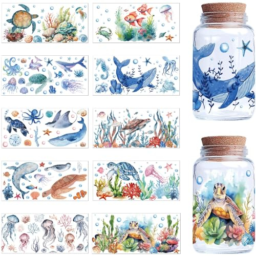CREATCABIN 10 Sheets Ocean Stickers for Glass Cups - Rub On Transfers, Decals, UV DTF Cup Wrap, PVC Waterproof Sea Animals - Bulk for DIY Furniture Crafts - 9.44x4.33Inch