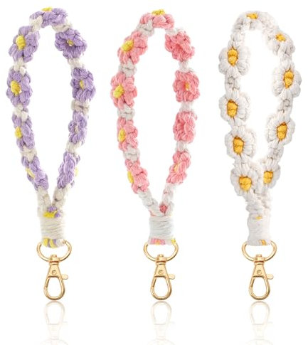 TAIHOBO 3 Stück Boho Schlüsselanhänger Damen, Handgefertigter Schlüsselband Kurz, Gänseblümchen Schlüsselbund, Keychain Aesthetic aus Baumwolle, Makramee Schlüsselanhänger für Geschenk