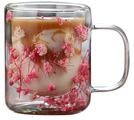 Bicchieri per acqua in vetro - Bicchieri in vetro a doppia parete, Bicchieri per acqua trasparente | Bicchieri trasparenti resistenti al calore con fiori secchi, tazze da caffè leggere in vetro a
