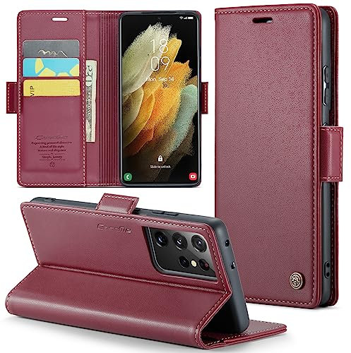 Phernykas Coque pour Samsung Galaxy S21 Ultra Étui Portefeuille Wallet Cover en Cuir PU avec Cartes Magnétique et RFID Protection Antivol Folio Housse Samsung S21 Ultra Case, Vin Rouge