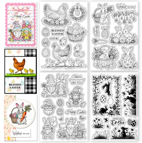 CHGCRAFT 4 Pcs Easter Eggs Pattern Clear Stamps Chicken and Rabbit Silicone Stamp Seal for DIY Scrapbooking and Card Making Paper Craft Decor 6.3 × 4.3 Inch