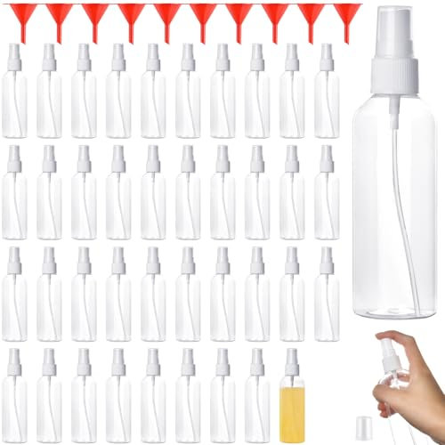 Akimino - 40 botellas de spray de 100 ml con tapas, pequeñas botellas vacías de plástico transparente, mini botella de viaje de niebla fina, recipientes recargables con 10 embudos para perfume,