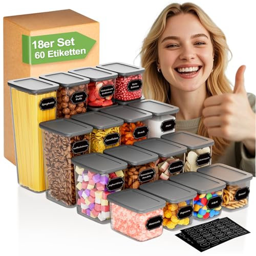 Homhut Botes Cocina Almacenaje 18 Piezas, Recipientes Herméticos para Alimentos, Tarros Cocina Almacenaje de Plástico con Tapa para Cereales Harina Café Pastas