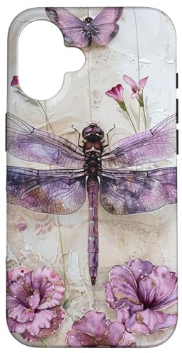 Hülle für iPhone 16 Libelle mit lila Flügeln und rosa Blumen