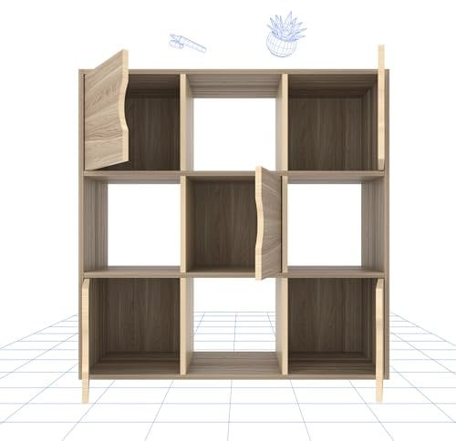 FLEXISPOT Bücherregal mit 5 Türen und 9 Fächer, 90X29X90 cm Aktenschrank Bücherschrank Standregal Raumteiler Büroregal, Aufbewahrungsregal für Wohnzimmer, Schlafzimmer und Büro ahorn
