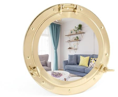 Home Dress Bullauge-Spiegel und Fenster aus Aluminium mit Schiffen – nautischer runder Wandspiegel mit robustem Rahmen für Badezimmer, Wohnzimmer und Außenbereich (Golden, Mirror, 20 inch)