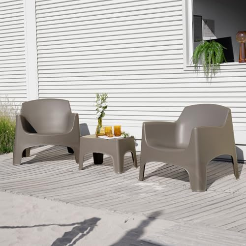 Tomaino - Gartengarnitur Ibiza - Outdoor-Set 2 stapelbare Sessel mit Armlehnen und Tisch aus Kunststoff - Lounge für Balkon, Terrasse und Garten (Taupe)