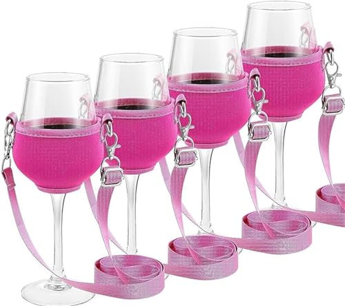 Yeehliny 4 Stück Weinglashalter Zum Umhängen Tragbare Weinglas Halterung zum Umhängen Becherhalter Verstellbarer Wine Glass Holder für Weihnachten Geburtstag Hochzeit Party (Rosa/Groß/24CM)