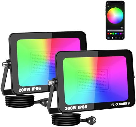AUXTINGS Lot de 2 RGB Projecteurs LED Exterieur 200W Lumière intelligente, Changement de couleur Projecteur Bluetooth Contrôle de l'application IP66 Lumière atmosphérique dimmable imperméable EU plug