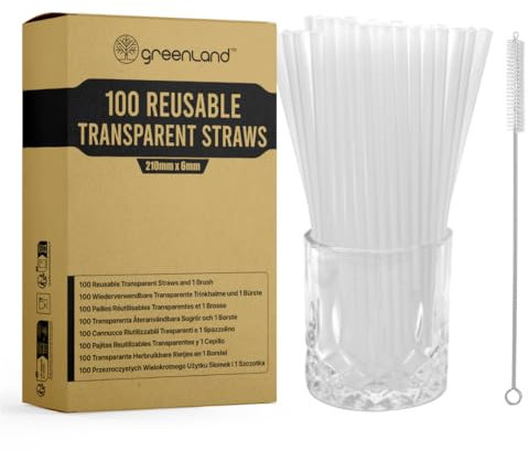 Greenland 100 Wiederverwendbare Transparente Strohhalme mit Bürste – 21 cm lang, 6 mm breit – Perfekt für Cocktails, Milch, Saft, Tee (Trinkhalme)