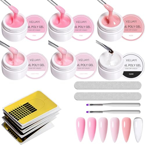 Aufbaugel für Gelnägel, Poly Gel Nägel Set, Aufbaugel Farbig 6 mit Papierhalter, Schleifstab, 3D Nagelskulptur Gels UV für Nägel Set für Nägel Verlängerungen Stärkt Schützt
