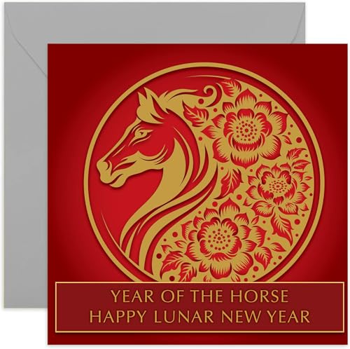 Stilvolle Neujahrskarte für Familie und Freunde – Jahr des Pferdes Happy New Year Gift – Chinesisches Sternzeichen Tier Grußkarte – Goldfolie Rot 2026