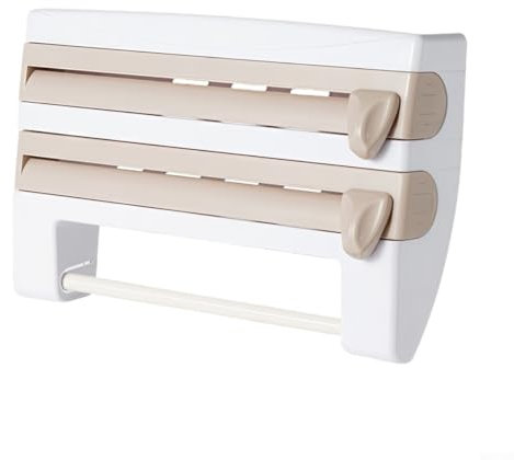 Zilimontt 3-in-1 Film Organizer Kitchen Storage Dispenser With Cutter For Aluminum Foil, Plastic Wrap,Parchment Paper & Paper Towel Roll Holder Space-Saving Design(Khaki)