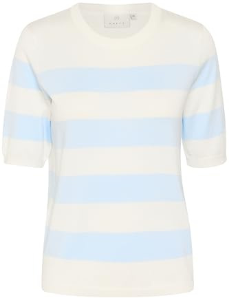 KAFFE Women's Pullover Crew Neck Short Sleeves Regular Fit Horizontal Stripes, Chalk/Light Blue Wide Stripe, XL