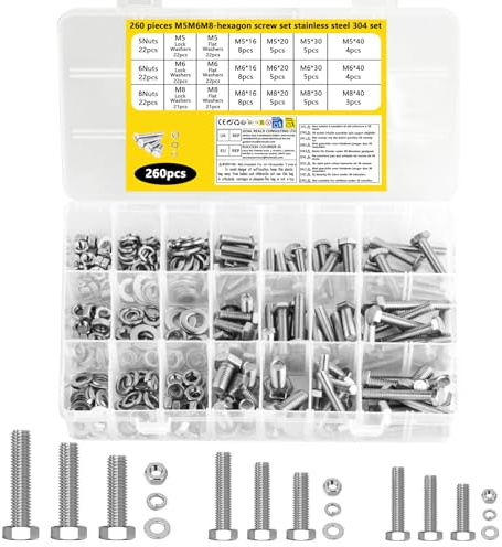 260 Stück M5 M6 M8 Schrauben Set, Sechskantschrauben Muttern Set mit Federringe & Unterlegscheiben Sets, 304 Edelstahl Gewindeschrauben Sets, Sechskant Maschinenschrauben Sortiment