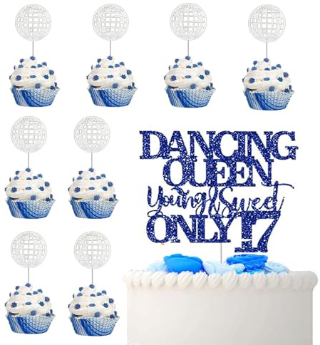 9PCS 17th Birthday Cake Topper, Dancing Queen Cake Topper, Blue Glitter Dancing Queen Young & Sweet Only 17 Cake & Cupcake Decorations, for Girls Boys 17th Dance Birthday Party Decorations