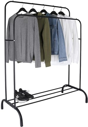 Relaxdays clothing rack, HxWxD: 148 x 110 x 55 cm, with shelf & 2 rods, metal, double wardrobe, black