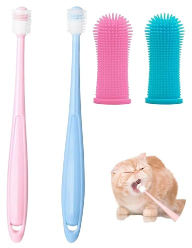 Thapncow 4 Stück Hunde, Katzen Zahnbürste, 360 Grad Katzen Weich, Langgriff Katzenzahnbürste für, Zahnbürste für Kleine Hund & Katze, Fingerling Wiederverwendbar