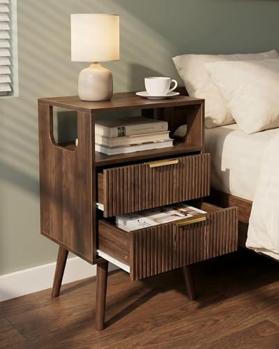 JERX Wooden Bedside Table, Nightstand with 2 Storage Drawer and Open Shelf Modern Bedside Cabinet for Bedroom,Walnut Brown