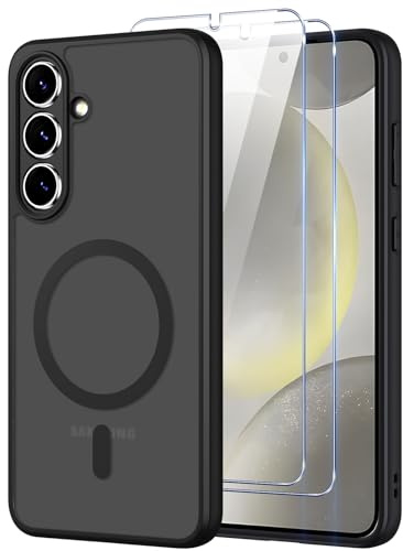 Pnakqil Magnetisch für Samsung Galaxy S24+ / S24 Plus 5G Hülle für Magsafe,Matt Transluzente Handyhülle für Samsung S24+ mit 2 Panzer Schutz Glas,PC Härte Kratzfest Matte Dünn Magnetische Case,Schwarz