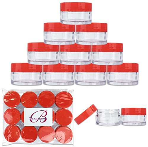 Beauticom 20 gram/20ml Empty Clear Small Round Travel Container Jar Pots with Lids for Make Up Powder, Eyeshadow Pigments, Lotion, Creams, Lip Balm, Lip Gloss, Samples (12 Pieces, Red)