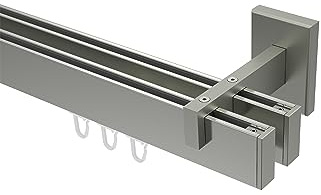 INTERDECO Innenlauf-Gardinenstange eckig 14 x 35 mm 2-läufig, kantige Innenlaufstange aus Metall, Edelstahl-Optik, zur Wandmontage, Typ 10212821, 280 cm