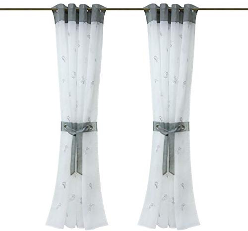 HongYa 1 Stück Bestickte Gardine Voile Transparenter Vorhang mit Ösen Inkl. Raffhalter Feder Muster H/B 145/140 cm