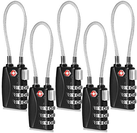CFMOUR TSA Locks - 1, 2, 3, 4, 5, 6 Pack 3-Dial Security Cable Travel Combination Padlock for Suitcase Luggage Case Bag Code Lock - Black (Pack of 5)