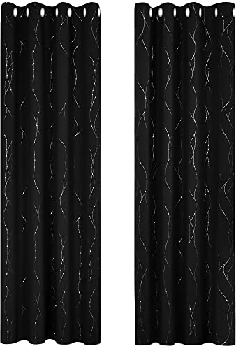 Deconovo Verdunkelungsgardinen mit Ösen Dicke Thermogardine Kälteschutz warm Hitzeschutz, Moderne Vorhänge, Wohnzimmer Gardinen mit Muster, 260x140 cm(HöhexBreite), Schwarz, 2er Set