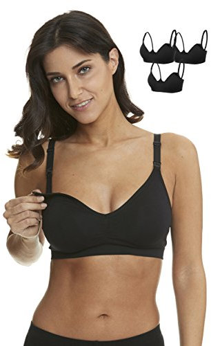 HOFISH Women's Maternity Nursing Bras Seamless 3 Pack Deep V Neck Push Up Bra for Breastfeeding with Extenders & Clips(3 Black,L)