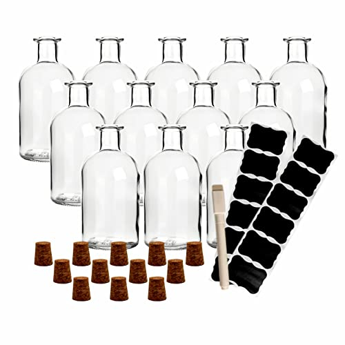gouveo 12er Set Glasflaschen 250 ml Apotheker mit Korken (SK) - Runde Flasche zum Befüllen - Leere Apothekerflasche für Likör, Öl, Essig (AFRT250SKE)