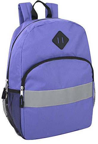 Einfarbiger Rucksack für die Schule – Rucksack mit Reflektorstreifen, Seitentasche, gepolsterte Träger, violett, Large, Rucksack