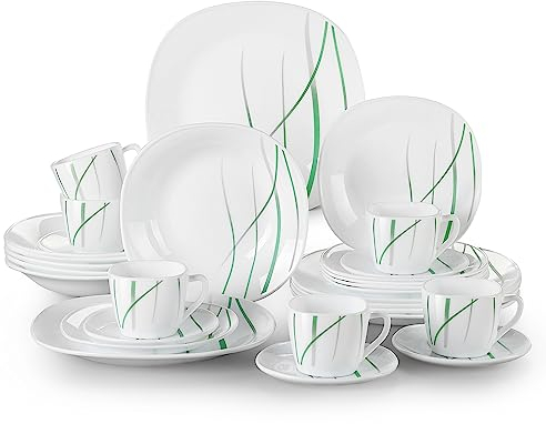 Tafelservice Opalglas, VEWEET avivaglas 30 tlg Geschirrset beinhatlet Kaffeetassen 220 ml, Untertasse, Dessertteller, Speiseteller und Suppenteller Kombiservice für 6 Personen, VCW-AVG30