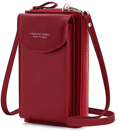 lmytdo Handytasche zum Umhängen, Kleine Umhängetasche Damen Brieftasche Crossbody PU Leder Geldbörse Kleine Crossbody Tasche mit Kartenfächer Verstellbar für Handy unter 6,5 Zoll (Rot)
