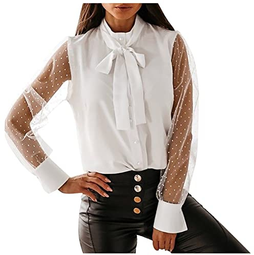 Camicetta da donna, business, elegante, in chiffon, girocollo, tinta unita, a maniche lunghe, in rete trasparente, casual, grandi dimensioni, con fiocco, autunno, primavera